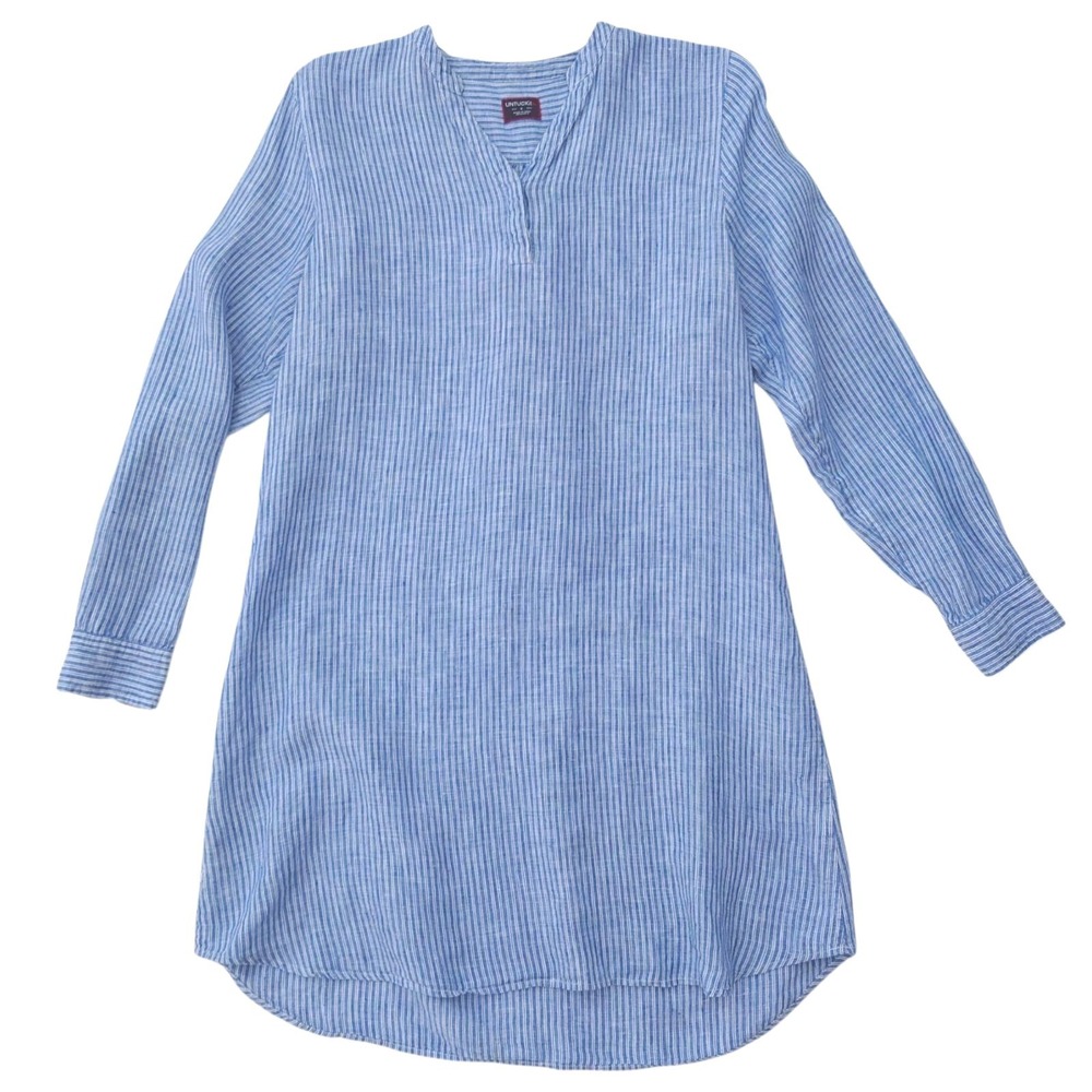 UNTUCKit Constantia Linen Shirt Dress Womens 8 Blue Striped Long Sleeve Mini